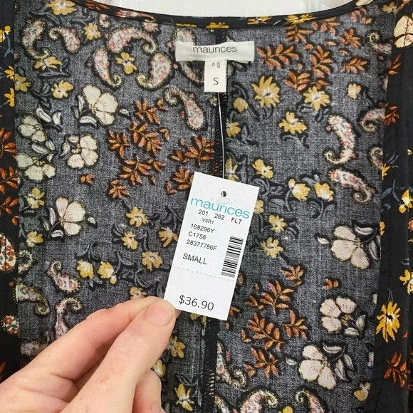 Maurice's NWT Black Brown Paisley Floral Print Kimono Size Small with Fringe - Picture 9 of 11